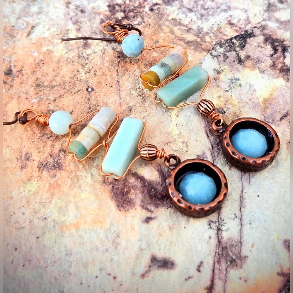 Natural Amazonite In The Scythian Spirit Set In Antique Copper Artifact Earrings - Picture 4 of 11
